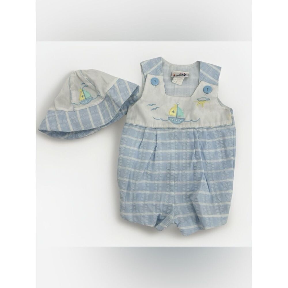 Vintage Baby Togs Sailboat Romper & Hat Set Blue 6-9 Months Nautical